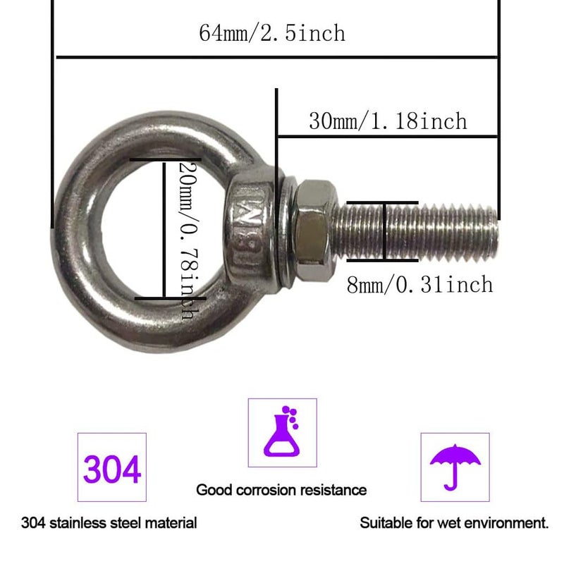 BLUELEC [304] M8 Stainless Steel Eye Bolts 1.2" Shoulder Eye Bolt 4Pcs, Thread Length: 30mm - Image 2